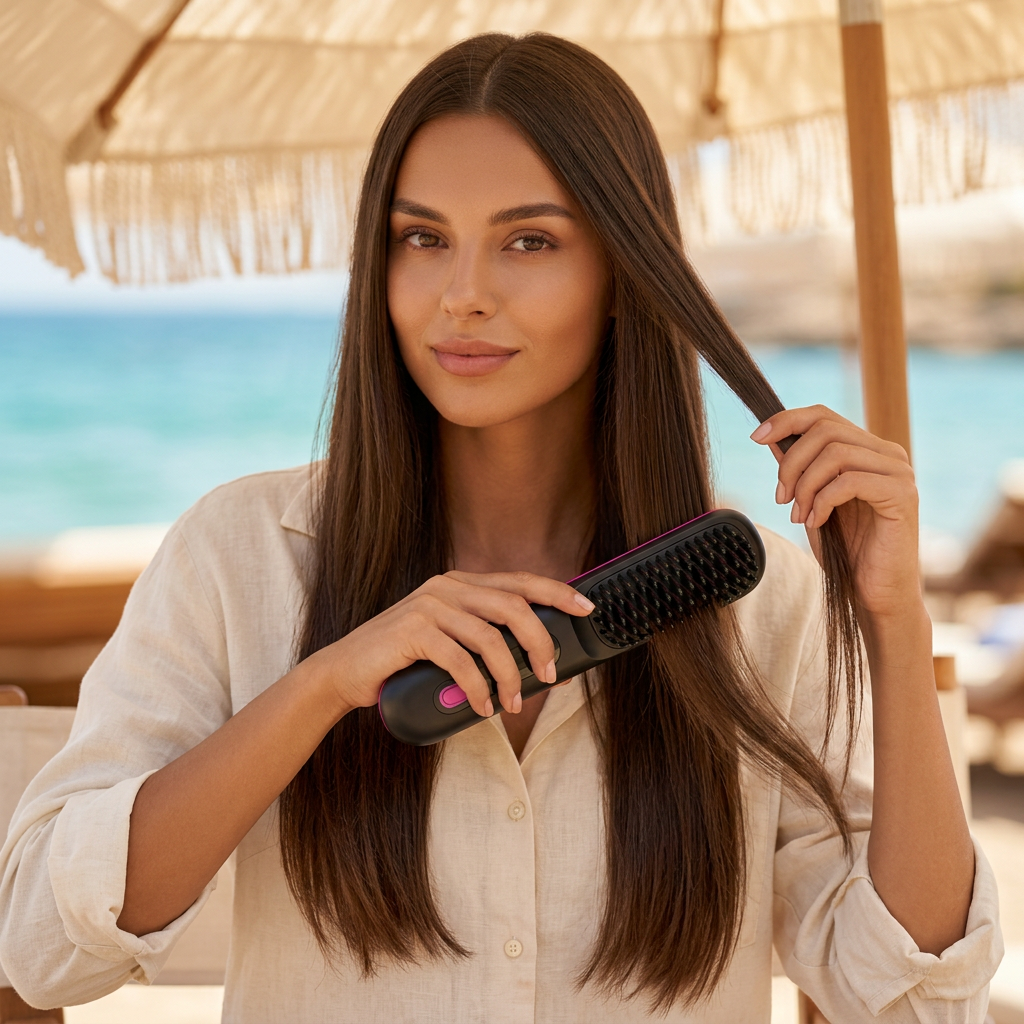 Femme bronzée à la plage avec le geste de lissage visible