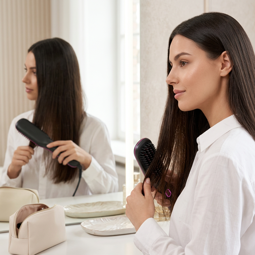 Retouche des cheveux devant un miroir